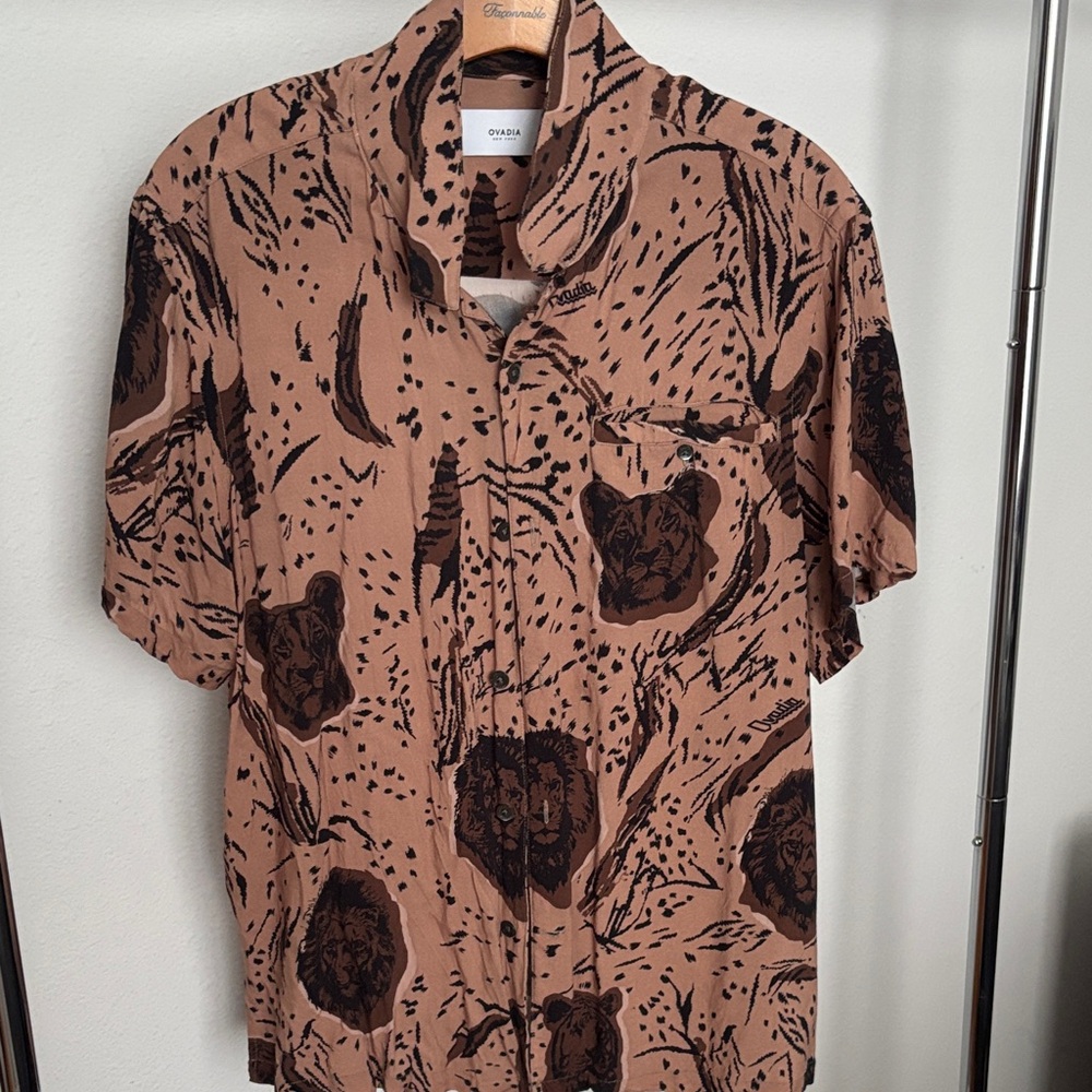 Ovadia Men's Casual Brown and Black Print Shirt